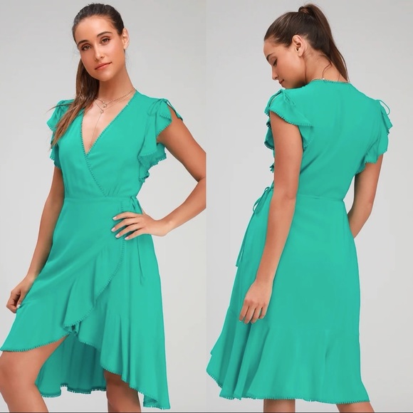 Lulu’s Adeleine Green Wrap Midi Dress - Picture 1 of 7